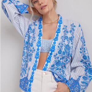 NWT Anthropologie x conditions apply cropped blue white kimono beach cover up